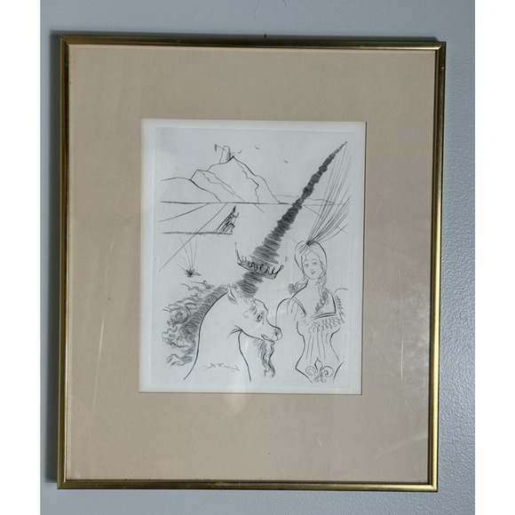 Salvador Dali Etching Lithograph Unicorn Lady Surrealist Signed Framed Art 7431 - Picture 1 of 7